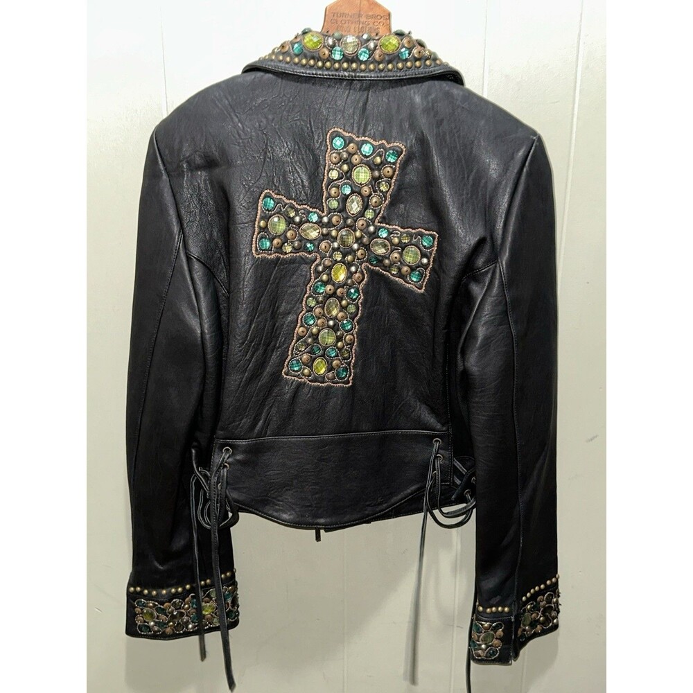 Double D Ranch Leather Jacket Rare Bejeweled Coat Womens Medium Western Cross - Picture 6 of 6